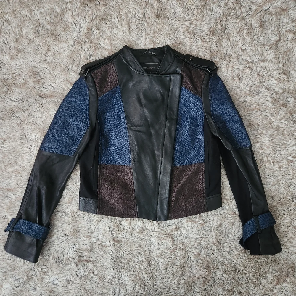 BCBGMaxAzria Lamb Leather Ross‎ Moto Jacket Black & Blue Women's Size Small